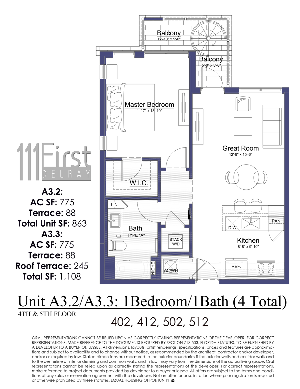111 First Delray Unit A3.2 A3.3 One Bedroom One Bath Floor Plan